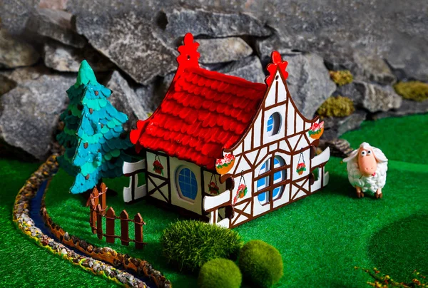 Cardboard House Toy Landscape Artificial Green Grass — Stock Photo, Image