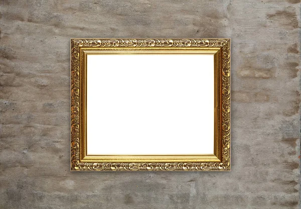 在灰色砖墙的背景上 把古色古香的巴洛克风格华丽的木制经典金色水平矩形画框贴上图片或照片 — 图库照片