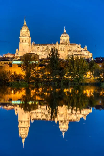 Catedral Salamanca Reflejándose Río Tormes Por Noche — Foto de Stock
