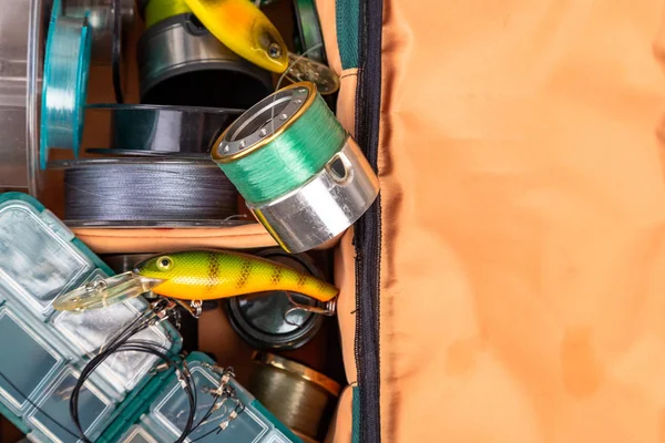 Diferentes Tacleadas Pesca Brillante Sobre Fondo Madera Actividades Aire Libre — Foto de Stock