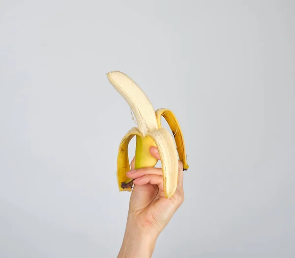 Peeled Fresh Banana Female Hand White Background — Stock Photo, Image