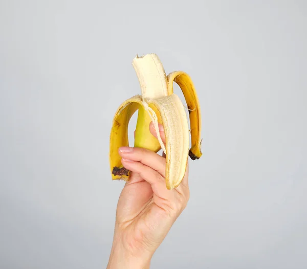 Peeled Fresh Banana Female Hand White Background Fruit Bitten — Stock Photo, Image