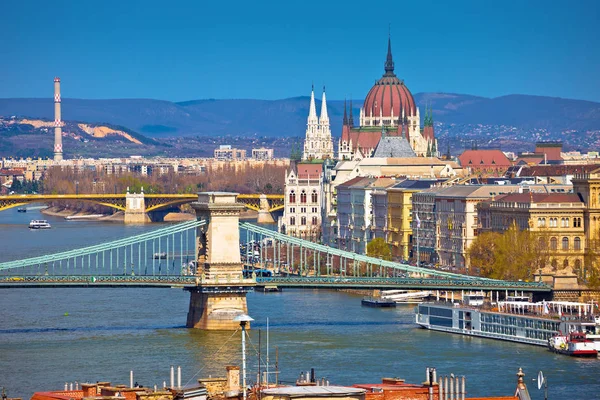 Budapeste Rio Danúbio Beira Mar Ponte Cadeia Edifício Parlamento Vista — Fotografia de Stock