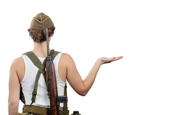 Visão Traseira Jovem Mulher Vestida Com Uniforme Militar Ww2 Americano — Fotografia de Stock