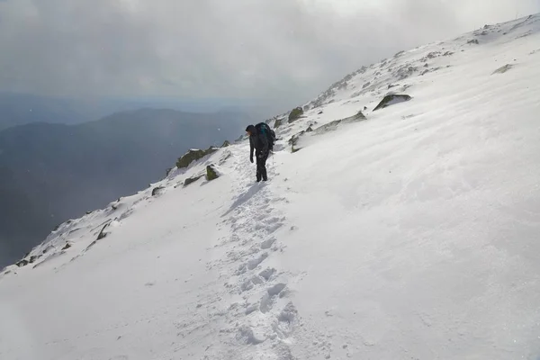 巨大なバックパックで雪の山に登る — ストック写真