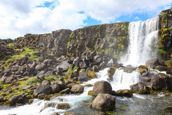 Oxarfoss Waterfall Summer Day View Thingvellir Iceland Исландский Водопад — стоковое фото