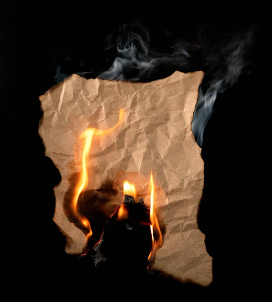 Burning Piece Crumpled Paper Black Background — Stock Photo, Image