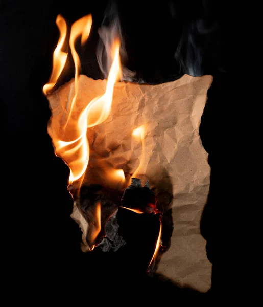 Burning Piece Crumpled Paper Black Background — Stock Photo, Image