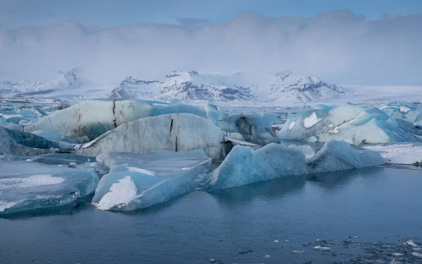 Panoramatický Výhled Ledovou Lagunu Joekulsarlon Ledovci Pozadí Ledovce Zima Islandu — Stock fotografie