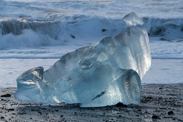 Icebergs Plage Sable Noir Diamond Beach Avec Mer Arrière Plan — Photo