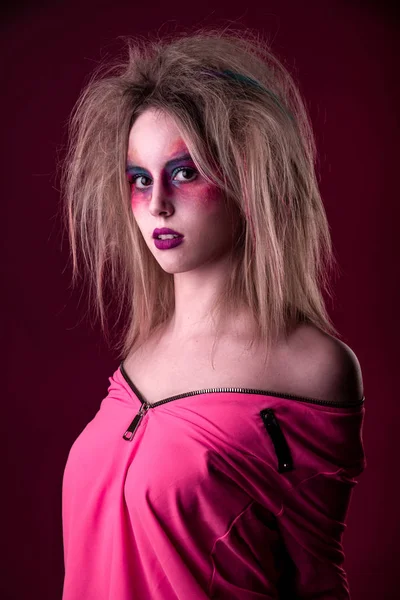 Emotional Portrait Attractive Young Girl Carnival Colorful Makeup Disheveled Hair — Stock Photo, Image