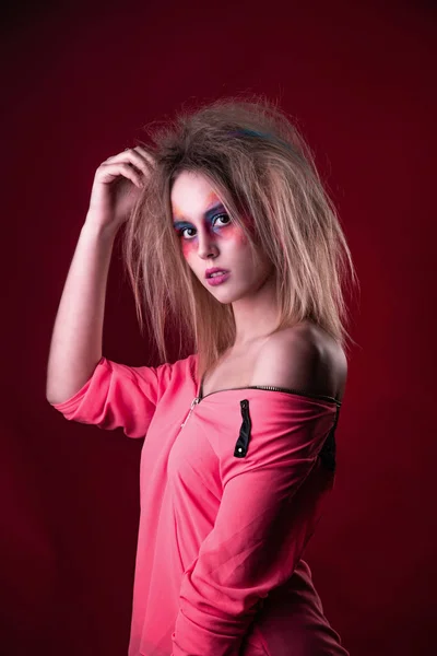 Emotional Portrait Attractive Young Girl Carnival Colorful Makeup Disheveled Hair — Stock Photo, Image