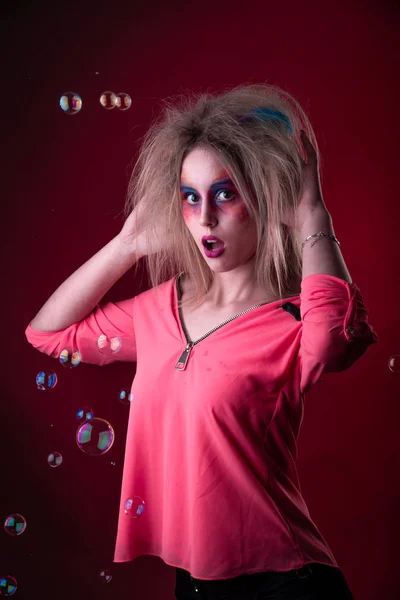 Emotional Portrait Attractive Young Girl Carnival Colorful Makeup Disheveled Hair — Stock Photo, Image