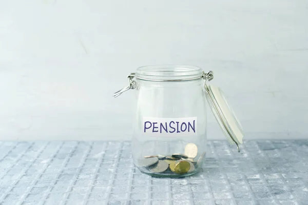 Coins Glass Money Jar Pension Label Financial Concept — Stock Photo, Image