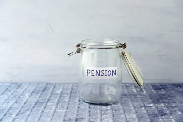 Empty Glass Money Jar Pension Label Financial Concept — Stock Photo, Image