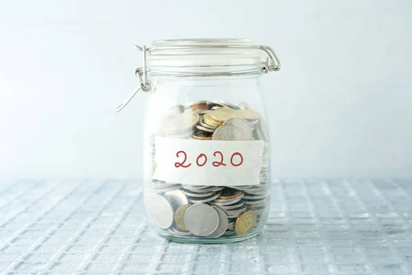 Coins Glass Money Jar 2020 Label Financial Concept — Stock Photo, Image