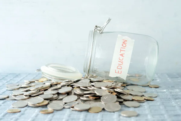 Coins Glass Money Jar Education Label Financial Concept — Stock Photo, Image