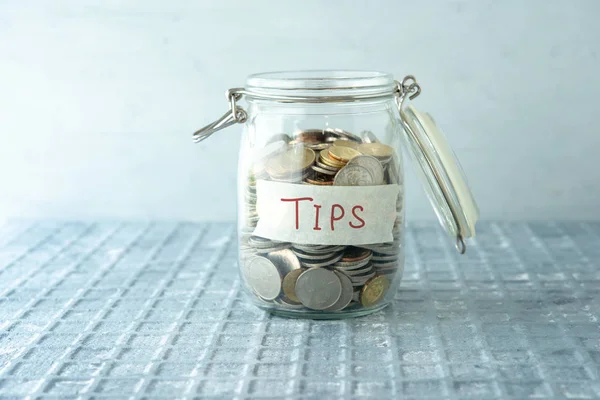 Coins Glass Money Jar Tips Label Financial Concept — Stock Photo, Image