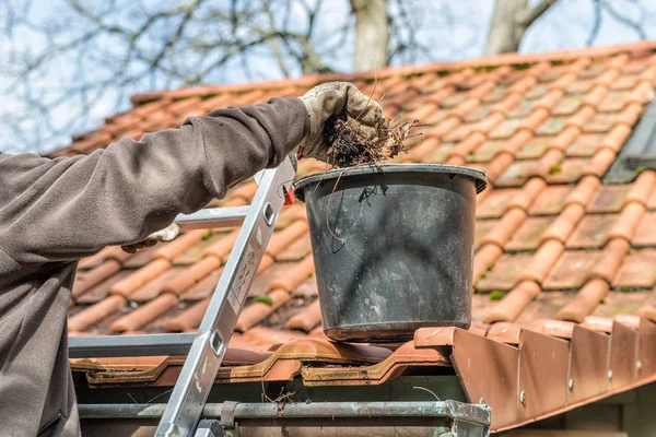 Man on a ladder cleaning house gutters