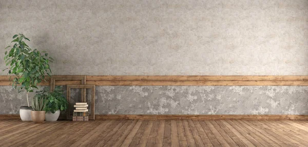 Empty Room Hardwood Floor Old Wall Plants Rendering — Stock Photo, Image