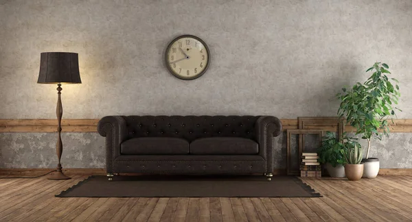 Retro Living Room Leather Sofa Old Wall Rendering — Stock Photo, Image