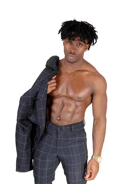 Young Alethic Black Man Standing Shirtless His Suit Jacket His — ストック写真
