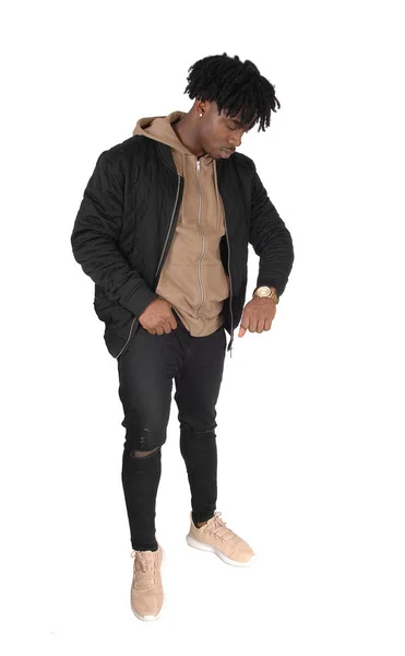 Full Body Image African American Man Standing Black Jacket Jeans — Stok fotoğraf