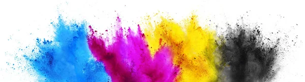 Barevné Cmyk Azurová Purpurová Žlutá Klíč Holi Barva Prášek Výbuch — Stock fotografie