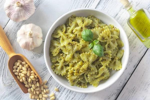 Portion Farfalle Pesto Ingredients White Wooden Table — Stock Photo, Image