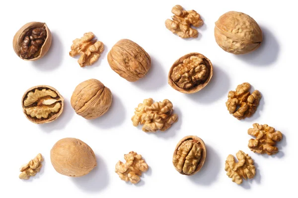 Walnuts Juglans Regia Seeds Whole Shelled Halves Partially Cracked Top — Stock Photo, Image