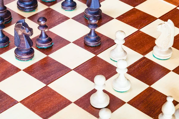 Jeu Échecs Sur Échiquier Bois Close — Photo