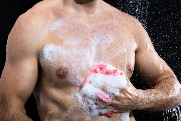 Mid Section Shirtless Man Taking Shower Soap Sponge — Stock Photo, Image