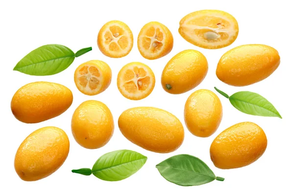 Kumquats Cítricos Japonica Enteros Cortados Rodajas Cortados Mitad Hojas —  Fotos de Stock