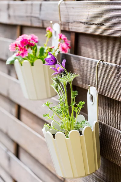 Detail Hanging Flower Pots Fence — Stock Photo, Image