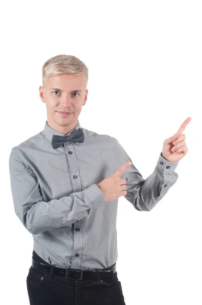 Homem Camisa Laço Apontando Com Dedos Isolado — Fotografia de Stock