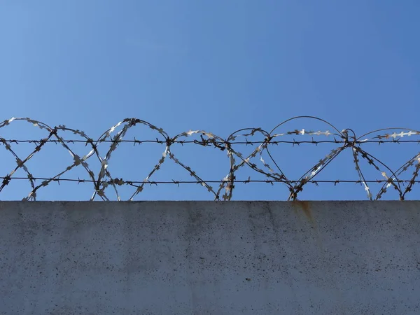 Concrete Wall Barbed Wire Razor Wire Low Angle View — Stock Photo, Image