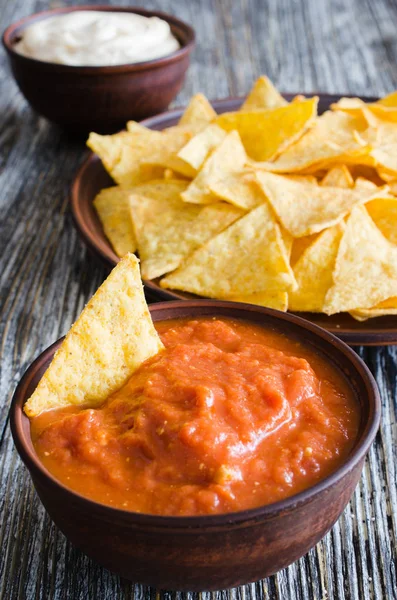 Nachos Corn Chips Spicy Tomato Cheese Sauces Mexican Food Concept — Stock Photo, Image