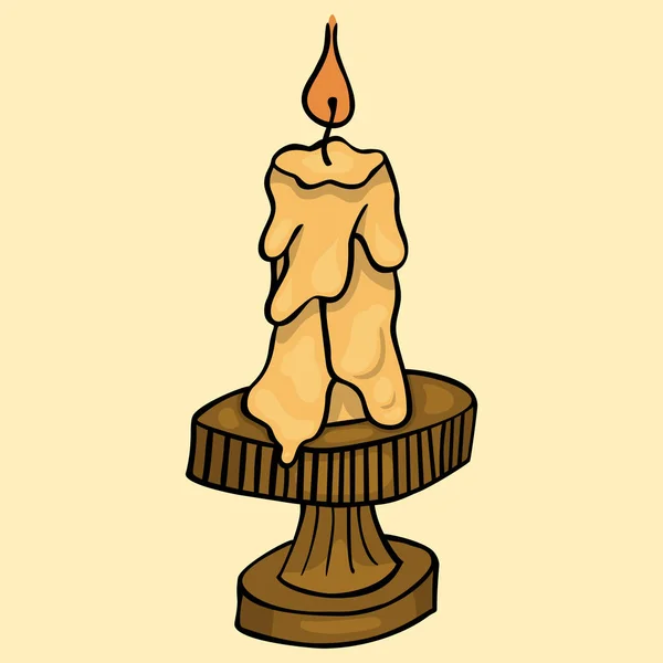 Doodle Cartoon Isolated Burning Candle Brown Vintage Candleholder — Stock Photo, Image