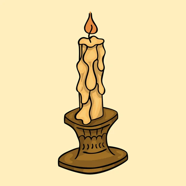 Doodle Cartoon Isolated Burning Candle Brown Vintage Candleholder — Stock Photo, Image