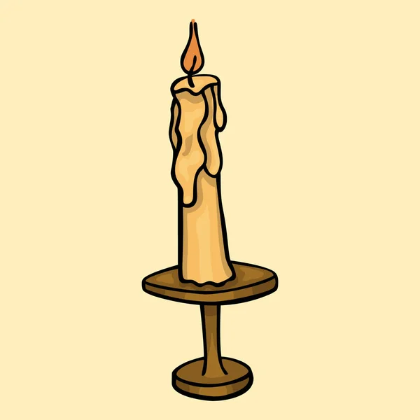 Doodle Cartoon Isoliert Brennende Kerze Auf Braunen Vintage Kerzenständer — Stockfoto