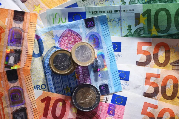 Состав Банкнотами Монетами Евро Европейская Валюта — стоковое фото