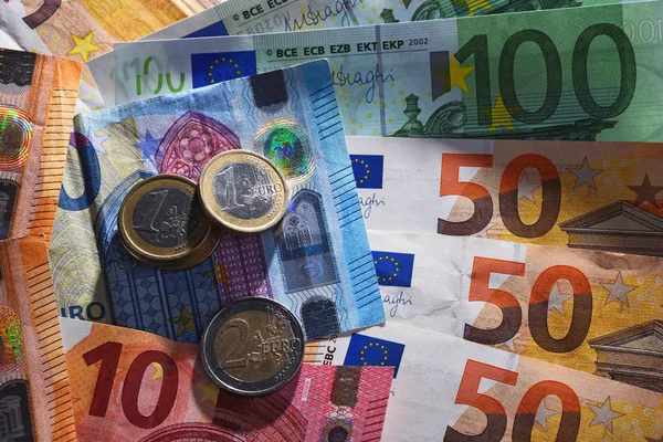 Composition Avec Billets Pièces Euros Monnaie Union Européenne — Photo