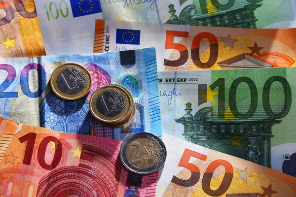 Samenstelling Met Euro Bankbiljetten Munten Munt Van Europese Unie — Stockfoto
