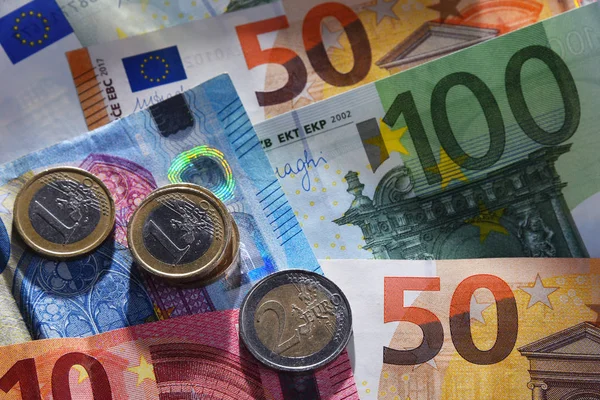 Composition Avec Billets Pièces Euros Monnaie Union Européenne — Photo