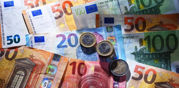Composition Avec Billets Pièces Euros Monnaie Union Européenne — Photo