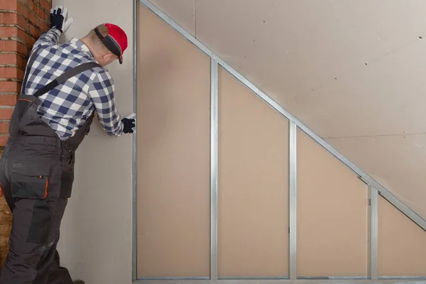 Man Installing Plasterboard Sheet Wall Attic Room Construction — Stock Photo, Image