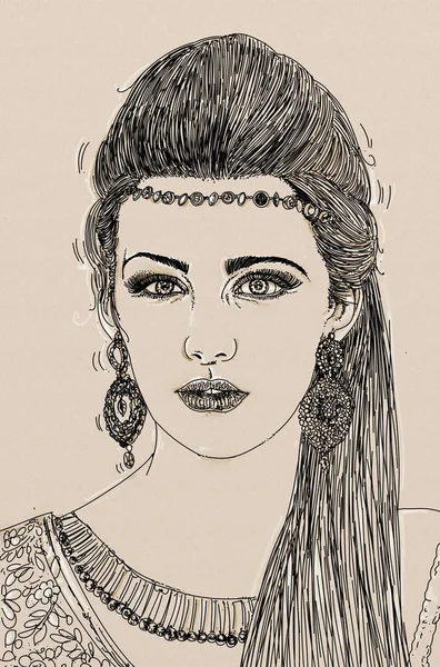 Uma Ilustração Retrato Uma Mulher Com Olhar Tímido Cabelo Bobinado — Fotografia de Stock