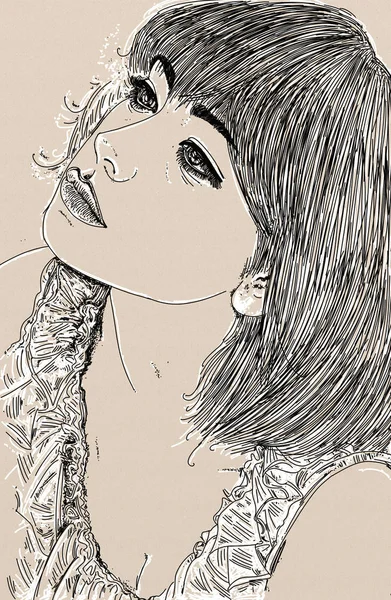 Ilustracja Portretu Kobiety Nieśmiałym Spojrzeniem Owłosionymi Włosami — Zdjęcie stockowe