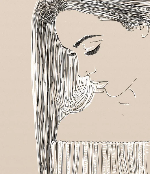 Illustration Portrait Woman Shy Look Bobbed Hair — Stock Photo, Image