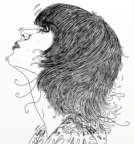 Una Ilustración Retrato Una Mujer Con Aspecto Tímido Cabello Encorvado —  Fotos de Stock